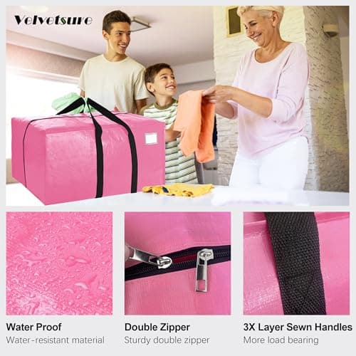 VELVETSURE 12 Pack Heavy Duty Large Moving Bags W/Backpack Straps - Strong Handles & Zippers, Storage Totes For Space Saving, Fold Flat, Alternative to Moving Box and Storage Bin, Pink - Thumbnail 3
