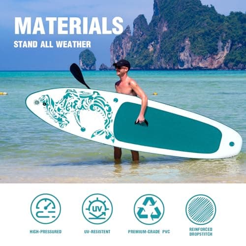 FEATH-R-LITE Inflatable Paddle Board Stand Up Paddleboards for Adults SUP with Premium Accessories Pump, Adjustable Paddle, Leash, Three Fins, Backpack (Green) - Thumbnail 4