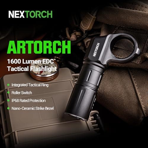 NEXTORCH ARTORCH 1600 Lumen Tactical Flashlight – Compact EDC Light with Integrated Tactical Ring, IP68 Waterproof, Nano-Ceramic Strike Bezel, Roller Switch, for Outdoor, Camping, Emergency, Police - Thumbnail 2