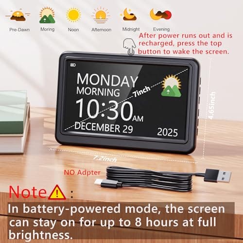 Rechargeable Digital Calendar Alarm Clocks for Senior, 7" Clock with Day and Date for Elderly, 20 Reminders & Alarms, Auto Dimmer/DST, 12 Themes, 18 Ringtones for Dementia Memory Loss, 1024*600 HD - Thumbnail 6