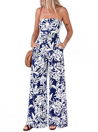 BTFBM Jumpsuits For Women Casual 2026 Floral Strapless Jumpsuit Wide Leg Rompers Beach Vacation Clothes Summer Outfits(Floral Dark Blue White, Large) - Image 1