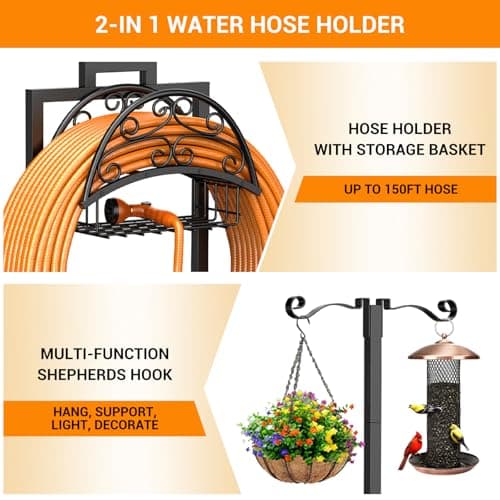Oursieez Garden Hose Holder with Shepherds Hooks - Freestanding Metal Water Hose Holder Stand Holds 160ft, Heavy Duty Garden Hanger Storage Rack for Outside Yard Lawn Farm - Thumbnail 6