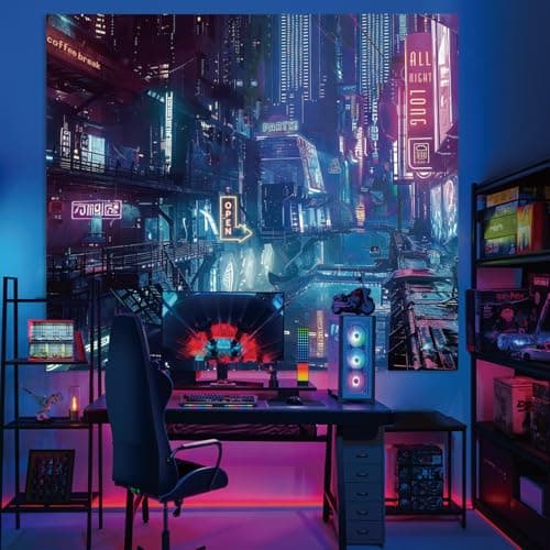 Anime Punk City Wall Tapestry for Bedroom, Japanese Futuristic Neon Night Street Cyberpunk Tapestries Aesthetic, Futurism Skyscraper Backdrop for Living Gaming Room Dorm Decor 51in X 60in - Thumbnail 4