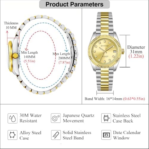 KNISKRED Classic Watch for Women with Crystal Accented and Solid Stainless Steel Band Ladies Dress Watch Water Resistant (Silver Gold) - Thumbnail 6