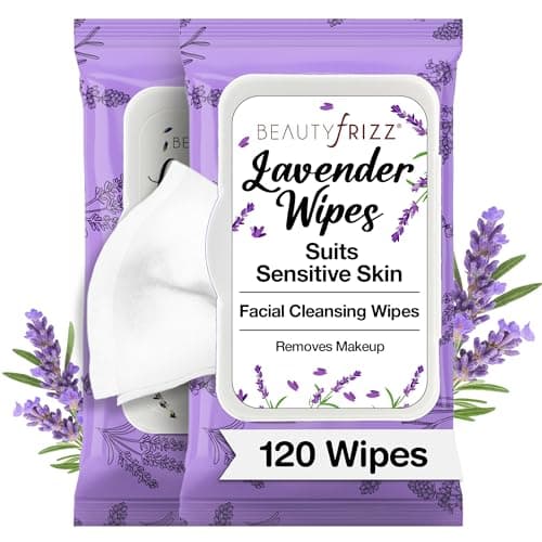 BeautyFrizz Lavender Face Wipes - Gentle No Rinse Makeup Remover and Facial Cleansing Wipes - Contains Aloe, Castor, Vitamin A and E - Suits Sensitive Skin - Moisturizing - Extra Soft (120 pcs)