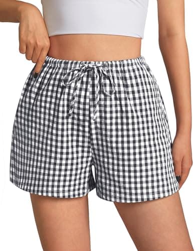 GKBK Boxer Shorts for Women Gingham Pajama 2026 Summer Spring Casual Lounge Sleep Cute Plaid Drawstring Shorts Y2K Beach Bottoms Trendy Black White Plaid L - Thumbnail 2