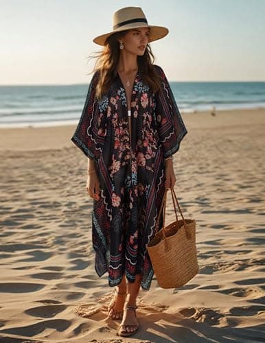 Kimonos for Women Casual Swimsuit Coverup Lightweight Boho Kimono Cardigans for Summer Floral Beach Bathing Suit Black Floral 3X-Large - Thumbnail 3
