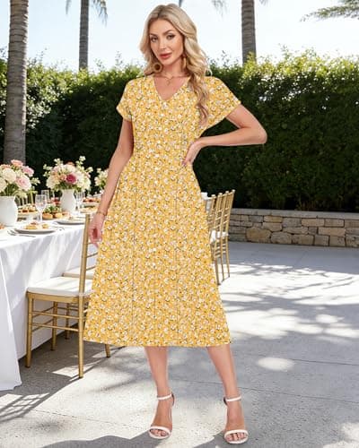 MOLERANI Summer Women's 2026 V Neck Casual Short Sleeve Midi Dress Waffle Knit Flowy Pockets Button Womens Maxi Boho Dresses Spring Floral Sundress Beach Vacation Outfits Comfy, YE S Floral, M - Thumbnail 2