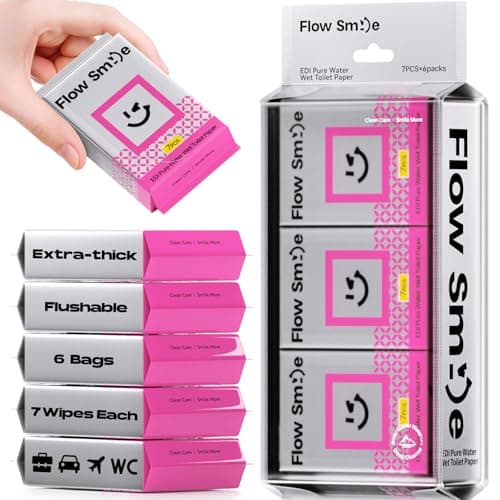 FLOW SMILE Flushable Wipes Travel Mini Size - 99.5% Water, Unscented Gentle for Sensitive Skin - Travel Essentials for Adults, Kids, Baby Care, Family, 42 Counts (6 Packs of 7) - Image 1