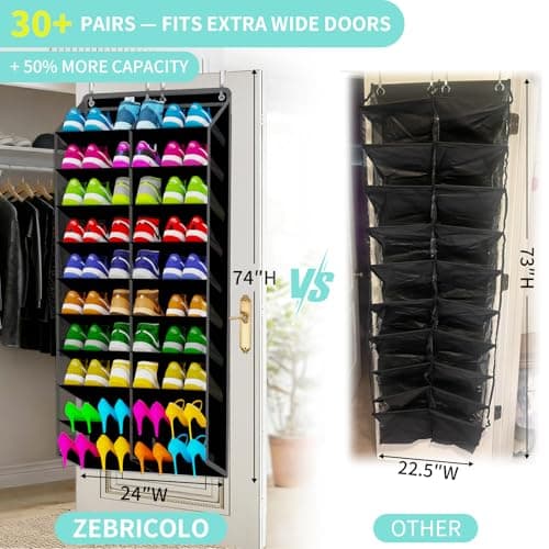 Heavy-Duty, over the door shoe organizer, Extra-Wide Large, shoe organizer, Holds 30 Pairs & Supports 100lbs, shoe rack, with Reinforced Grommets & Bamboo Rods, Fits Men's Size 12 & Boots, Black - Thumbnail 6