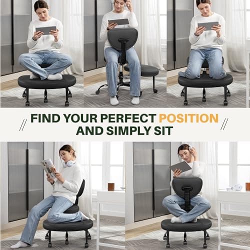 Primy Criss Cross Office Chair - ADHD Cross Legged Chair with Wheels - Adjustable Height Ergonomic Kneeling Desk Chairs for Meditation Yoga Home Office with Backrest, 360°Rotating Footrest - Black - Thumbnail 3