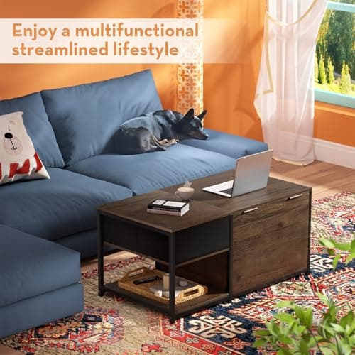 SINPAID Coffee Table with Storage, Rectangular Coffee Tables for Living Room, Farmhouse Coffee Table with Hidden Storage Compartment and Adjustable Shelves, Walnut - Thumbnail 5
