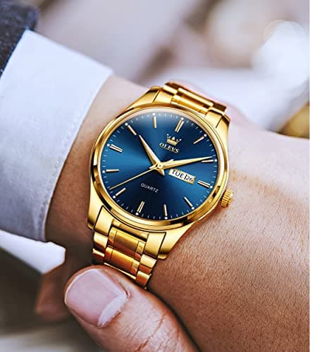 OLEVS Watch Men Gold Blue Stainless Steel Large Face Watches for Men Casual Day Date Mens Watches Classic Water Resistant Analog Quartz Wrist Watch for Man Luxury Golden Reloj para Hombre - Thumbnail 2