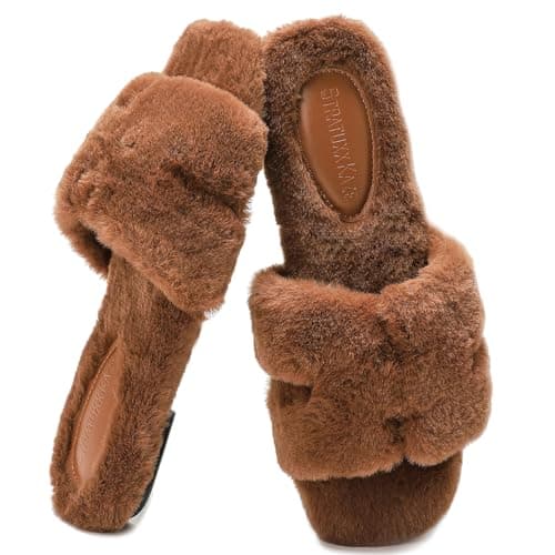 Stratuxx Kaze Womens Fur Slippers Comfy House Slides Sandals Open Toe Memory Foam Indoor Fluffy Slippers for Women Birthday Gift for Mom - Image 1