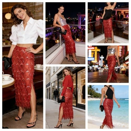 Women's Sequin Fringe Midi Skirt - Sheer Mesh Sparkly Tassel Skirt with Side Slit, Elastic Waist Glitter Party Club (US, Alpha, Small, Regular, Regular, Red) - Thumbnail 2