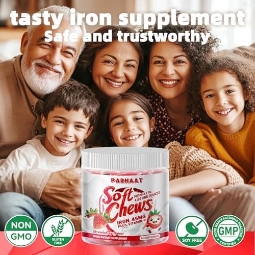 Parhaat Iron Soft Chew Supplement with Vitamin C | Strawberry Flavored | Gluten Free | Iron Supplement for Women Men and Kids | 60 Count | 2 Month Supply - Thumbnail 6