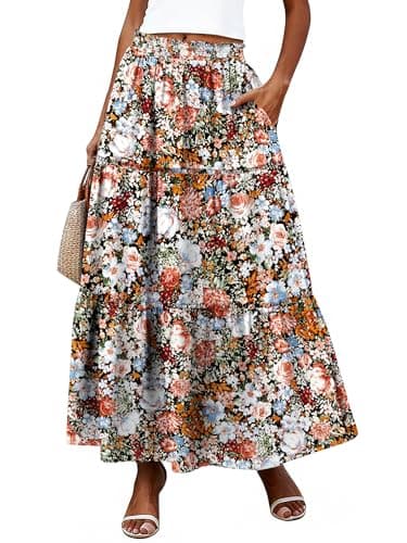 Bellcoco Long Skirts for Women Maxi Spring Summer Swing Tiered A-Line Elastic High Waist Boho Flowy Skirts with Pockets Coffee Floral Large - Image 1