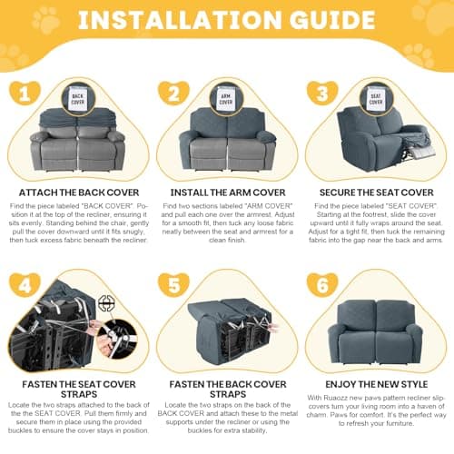 Ruaozz Loveseat Recliner Covers, 6 Pieces Dual Recliner Couch Cover Stretch Paw Bone Prints Reclining Sofa Slipcovers Soft Furniture Protector with Pockets for Dogs Pets (2 Seat, Gray) - Thumbnail 6