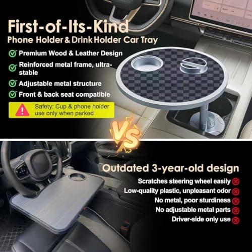 Car Food Tray & Car Table Tray with Car-Grade Aluminum Cup Holder & Phone Stand, Premium Wood with Leather Surface, 360° Rotating Car Desk for Laptop &Eating (Round, Black&Grey) - Thumbnail 2