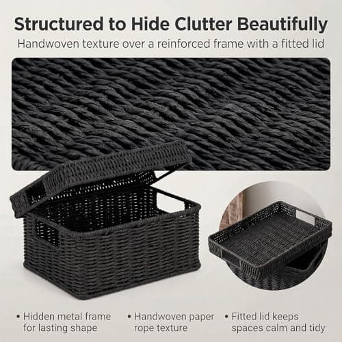 GANLUX Wicker Storage Basket with Lid - Woven Basket for Storage,Rectangular Decorative Boxes Bins with Lids for Shelves,living room, Nursery, 2 baskets+1 lid(Black) - Thumbnail 6
