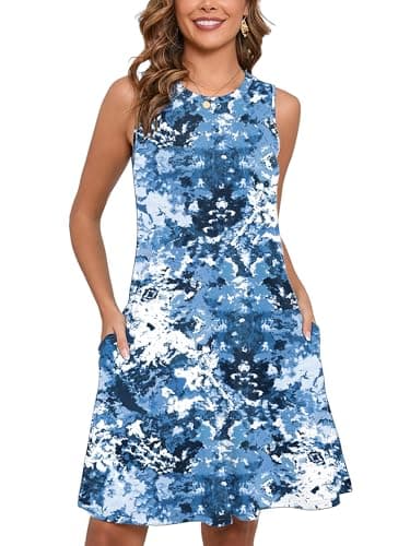 Heymoments Women Summer Dress Tie-Dyeing Blue XX-Large Sleeveless Crew Neck Casual Cute Loose Fitting Tank Sundress Comfy Swing Midi Flowy A-line Trendy Beach Vacation Teacher Dresses with Pockets - Image 1