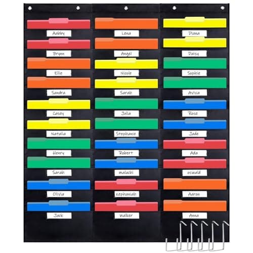 Opret 30 Pockets Storage Pocket Chart with 30 Nametag Pockets, Hanging Wall File Organizer for File Folders with 5 Hangers for Classroom, Office, School Mailbox Organizer and Home (Black) - Image 1