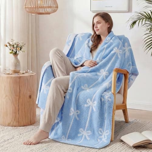 WRENSONGE Blue Bow Throw Blanket Soft Cozy Fluffy Warm Throw for Couch Sofa Bed Camping Picnic Travel Lightweight - 50"*60" - Thumbnail 5