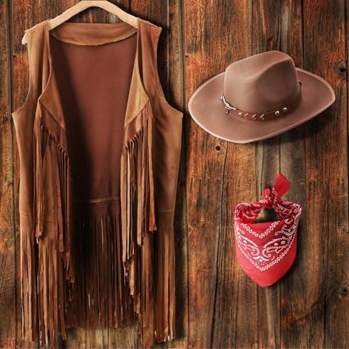 PARTTELY Western Cowgirl Outfits for Women, 70s Hippie Costume Cowgirl Tassels Fringe Vest, Cowboy Hat for Women, Bandana - Thumbnail 5