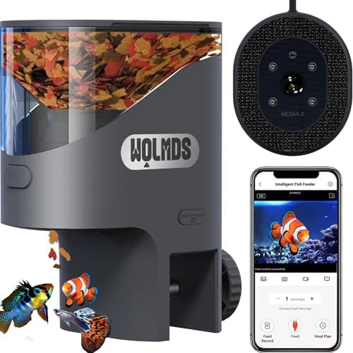 Wolmds WiFi Automatic Fish Feeder with 2.5K Camera, 2.4/5G Smart App Control, Vacation Feeding Timer, 200ml Moisture-Proof Precision Flake Food Dispenser, Visual Aquarium Feeder for 10+ Gallon Tanks
