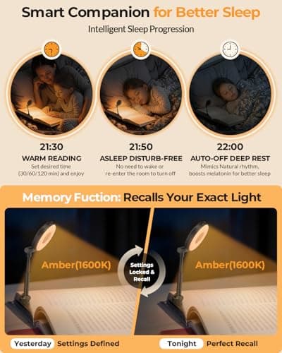 EastPin Reading Lights for Books in Bed:18 LED Rechargeable Clip-on Book Light with Timer & Memory Eye Caring 3 Color Temperature Stepless Dimming Portable Travel Gifts for Men Kids Book Lovers - Thumbnail 6