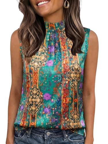 Funlingo Womens Tank Tops Silk Satin Summer Blouse Dressy Casua Mock Neck Camisoles Soft Vacation Going Out Tops Ethnic Prints L - Image 1