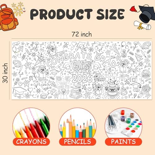 JXSDWANG Graduation Giant Coloring Tablecloth,Kindergarten Graduation Gifts - 72x30 Inches, Paper Coloring Banner Games Activities Gifts Party Decorations for 5th Grade Preschool - Thumbnail 2