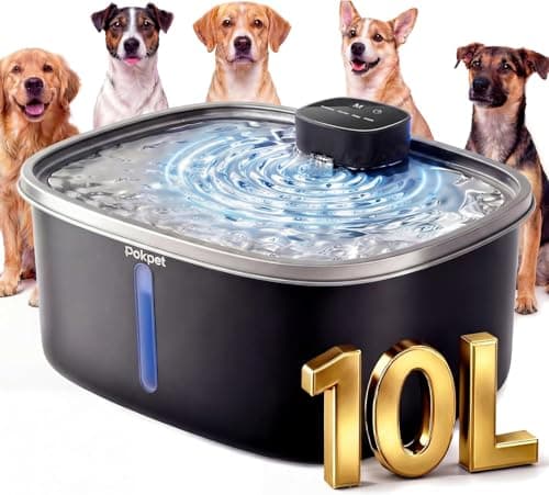 Pokpet Dog Cat Water Fountain Doggy Spout Water Bowl, Stainless Steel, Large Dog, Fresh Flow, 10L Pet Dispenser with Deeper Wider Drinking Area, LED Window, Multi-Filtration - Wireless 1Filter