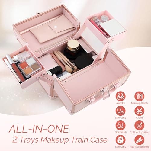 CHUANGJIN Makeup Train Case 2 Trays Makeup Box Organizer Portable Travel Makeup Case Lockable Makeup Storage Organizer Cosmetic Box for Jewelry Nail Tech Brushes Accessories Tool, Pink - Thumbnail 3