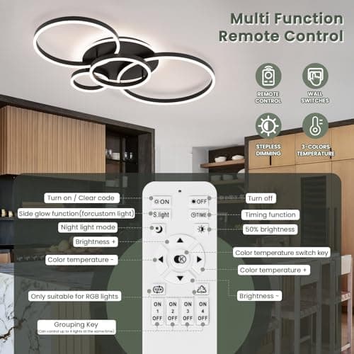 Modern LED Ceiling Light Black Flush Mount Ceiling Light Dimmable Dining Room Light Fixtures with Remote Acrylic Rings Kitchen Lighting Fixtures Ceiling Lamp for Living Room Bedroom (Black, 4 Rings) - Thumbnail 6