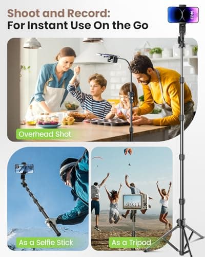 CAMBOFOTO 82" Phone Tripod Stand with Gooseneck, Remote and Phone Holder, Selfie Stick & Overhead Tripod for Recording/Cooking/Fitness/Vlog, Compatible with iPhone Android Samsung, Camera - Thumbnail 2