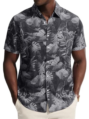 PJ PAUL JONES Mens Hawaiian Shirt Short Sleeve Button Down Shirts Beach Resort Casual Tropical Shirts with Pocket Palm Leaf Print