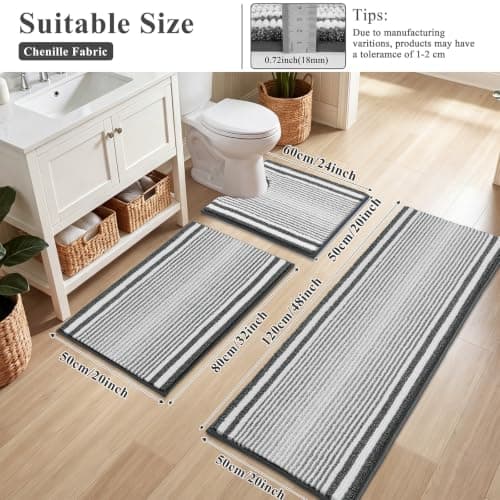 HEBE Chenille Bathroom Rug Sets 5 Piece,Super Absorbent Non Slip Bath Mats for Bathroom,Washable Bath Mat and U-Shaped Contour Toilet Rug Set for Tub Shower Floor Carpet - Thumbnail 2