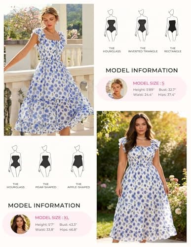 GRACE KARIN 2026 Women's Spring Floral Midi Dress Beach Wedding Guest Dresses Flowy A Line Casual Summer Clothes Blue Floral XL - Thumbnail 6