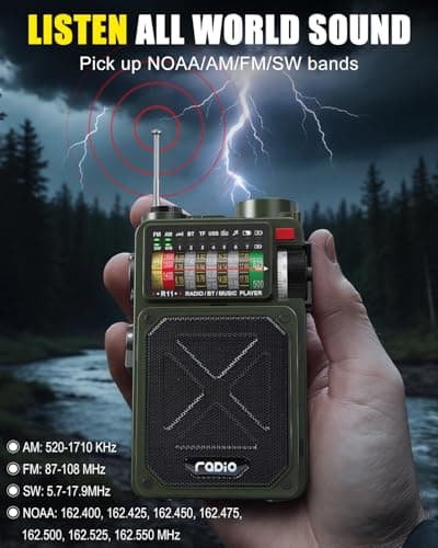 Emgykit R11 Emergency Crank Radio - 4000mAh/14800mWh NOAA/SW/AM/FM, Solar/Hand Crank/USB Charging, Bluetooth Receiver/USB/TF Playback,with Compass,Flashlight,SOS for Camping & Emergencies - Green - Thumbnail 2