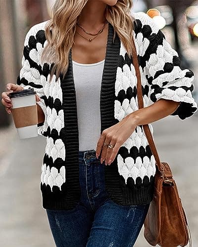 KIRUNDO Women's Cardigans 2026 Fall Trendy Open Front Chunky Color Block Lantern Sleeve Cute Striped Cable Knit Winter Sweater Coat Fashion Clothes(White, Large) - Thumbnail 5