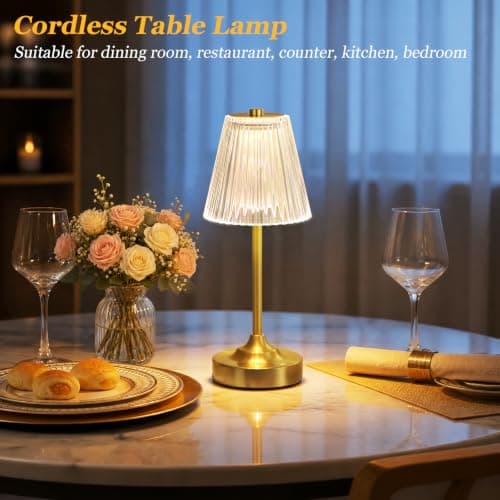 Gold Cordless Rechargeable Table Lamp, Touch Battery Powered Lamp, 3 Color Modes, Crystal Acrylic Lampshade, Portable Ambient Night Light for Desk, Bedroom, Living Room, Dining Room, Kitchen, Bar - Thumbnail 5