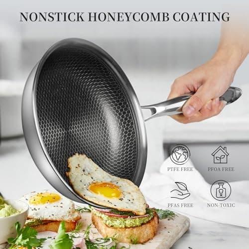 Innerwell Tri-Ply Stainless Steel Frying Pan Set with Lid,9.5Inch 11Inch Nonstick Honeycomb Stainless Steel Cooking Pan Set of 2 Skillet Works Pan for Cooking with Induction Gas Stovetops - Thumbnail 3