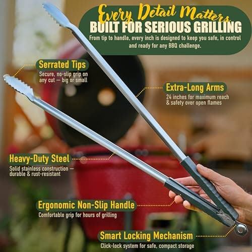 24 inch BBQ Tongs - 1 Year Warranty, 100% Stainless Steel Long Metal Grill Tongs for Outdoor Grill, Non Slip Handle, Locking Mechanism, Heat resistant, Pinzas de Cocina for steak, hot dog and more - Thumbnail 2