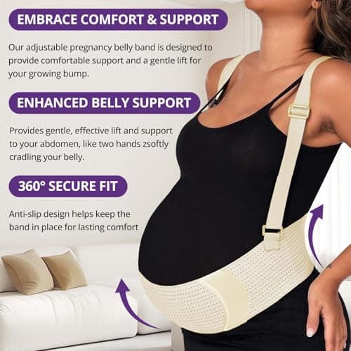 Maternity Belly Band with Back Support – Over-the-Shoulder Pregnancy Support Belt with Lumbar Support, Breathable Mesh Design, Strong Adjustable Hook & Loop Straps, No Digging Comfort for All-Day Wear (Beige, X-Large（187LB+）) - Thumbnail 4