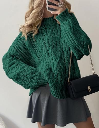 PRETTYGARDEN Women's Oversized Fall Sweaters 2026 Casual Long Sleeve Crewneck Chunky Cable Knit Pullover Tops Winter Clothes (Green,Small) - Thumbnail 4