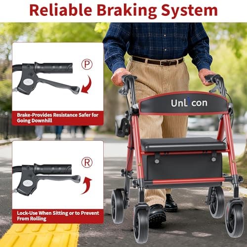 UNLICON Rollator Walkers with Seat, Rollator Walker with Durable, 8'' Big Wheels, 350 lb. Weight Capacity, Adjustable Handles and Seat Height ，Lightweight Rolling Walker for Seniors-Red - Thumbnail 2