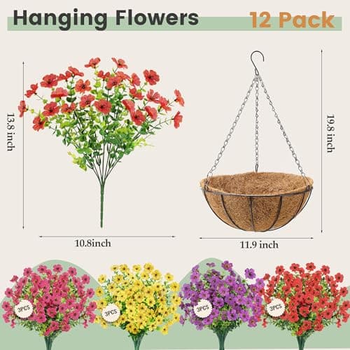 Der Rose Artificial Hanging Flowers Basket for Outdoors Fake Hanging Plants Spring Summer Decoration UV Resistant for Garden Front Porch Patio Balcony Decor - Thumbnail 3