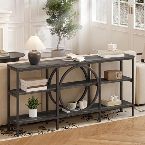 Tarnorci Console Table, 66.9'' Home Sofa Living Room Table 3-Tier TV Stand with Storage Behind The Couch Table for Living Room Entryway(Grey Oak+Black) - Image 1