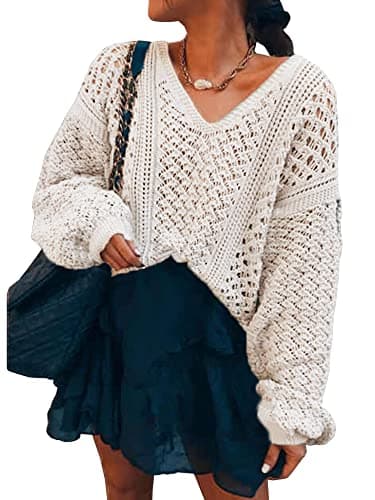 CCTOO Women's Sweaters Casual Oversized V Neck Off Shoulder Sexy Crochet Sweater Batwing Sleeve Pullover Loose Tops Beige 1 X-Large - Image 1